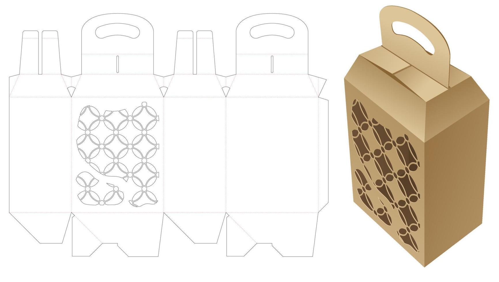 Cardboard handle box with stenciled pattern die cut template and 3D mockup vector