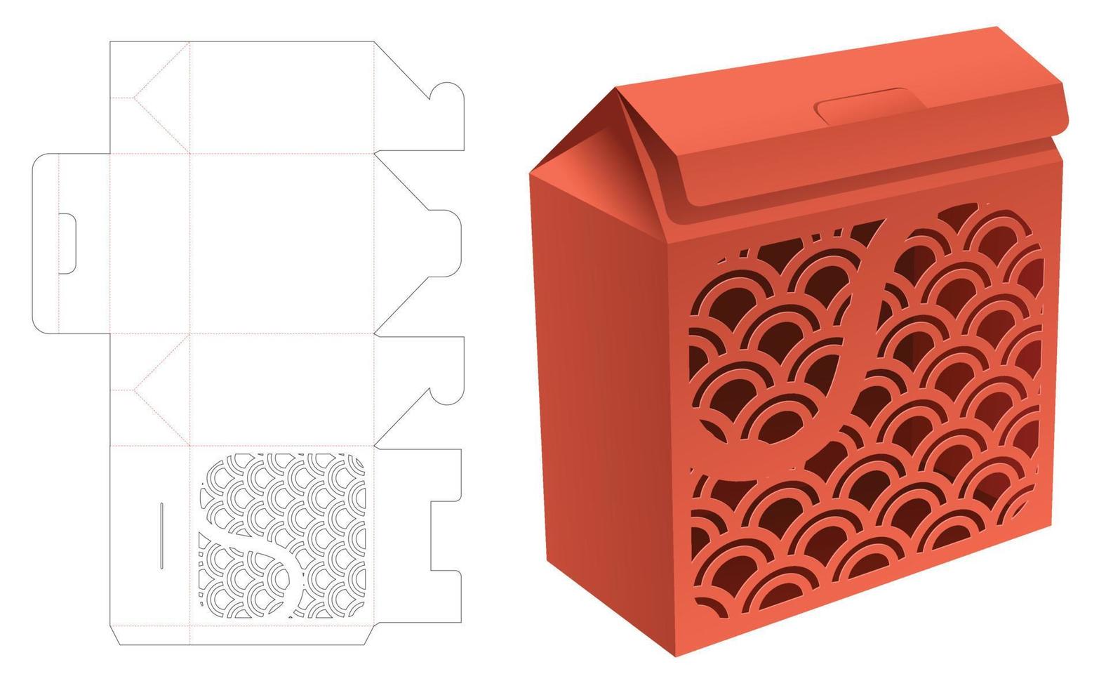 Cardboard flip box with stenciled Japanese pattern window die cut template and 3D mockup vector