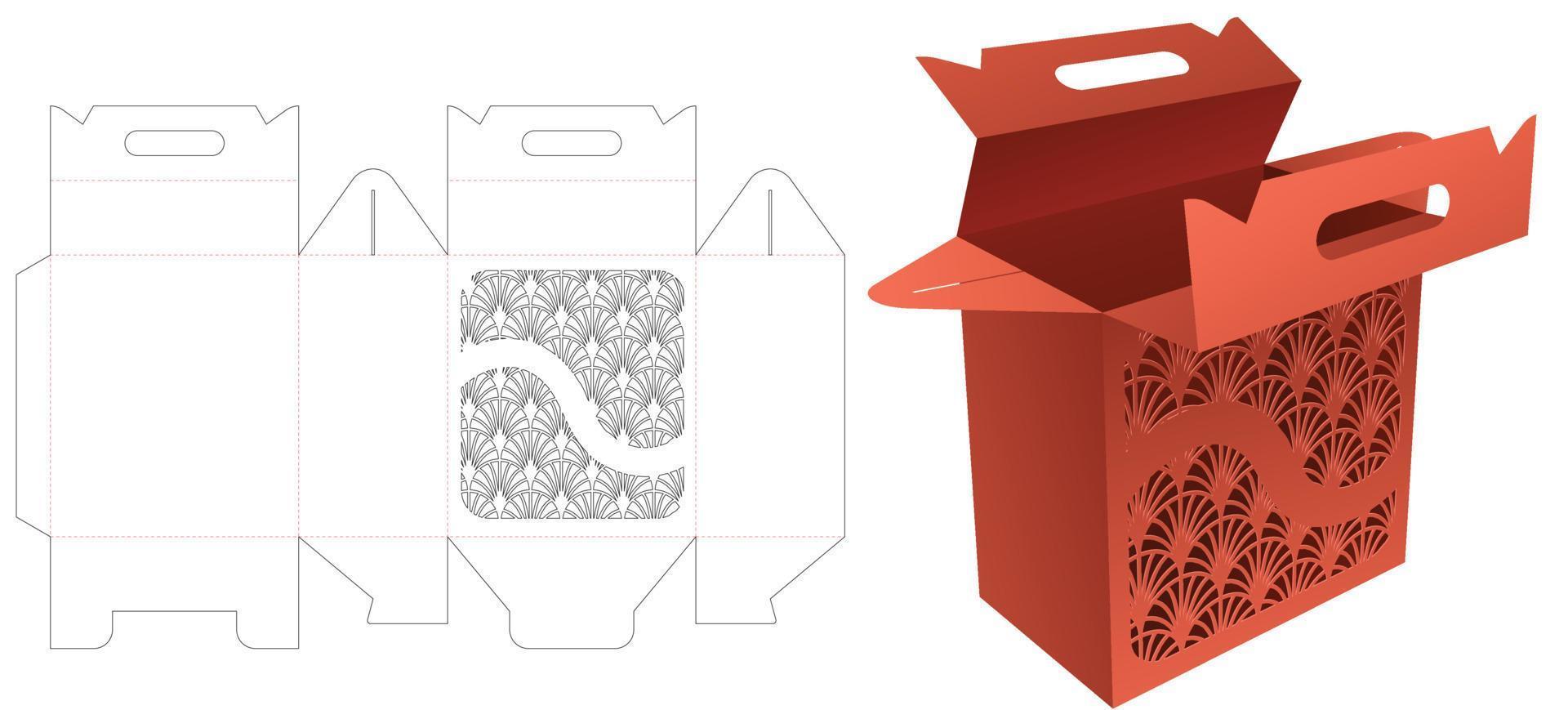 Cardboard handle box with stenciled Japanese pattern die cut template and 3D mockup vector