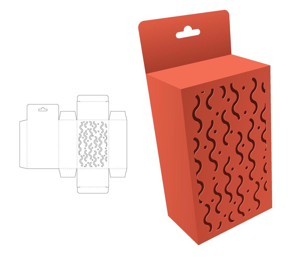 Cardboard hanging box with stenciled Memphis pattern die cut template and 3D mockup vector
