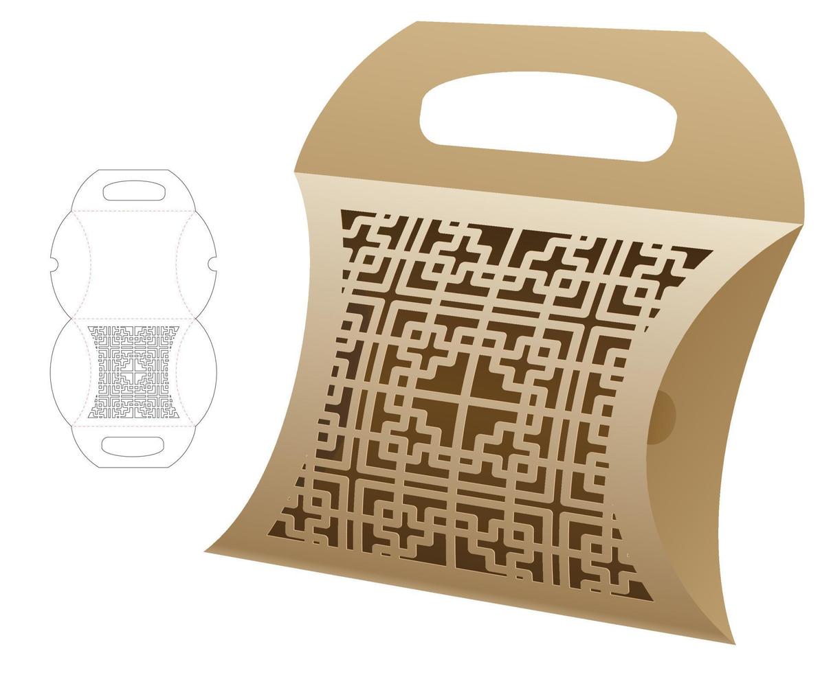 Handle pillow box with stenciled pattern die cut template and 3D mockup vector