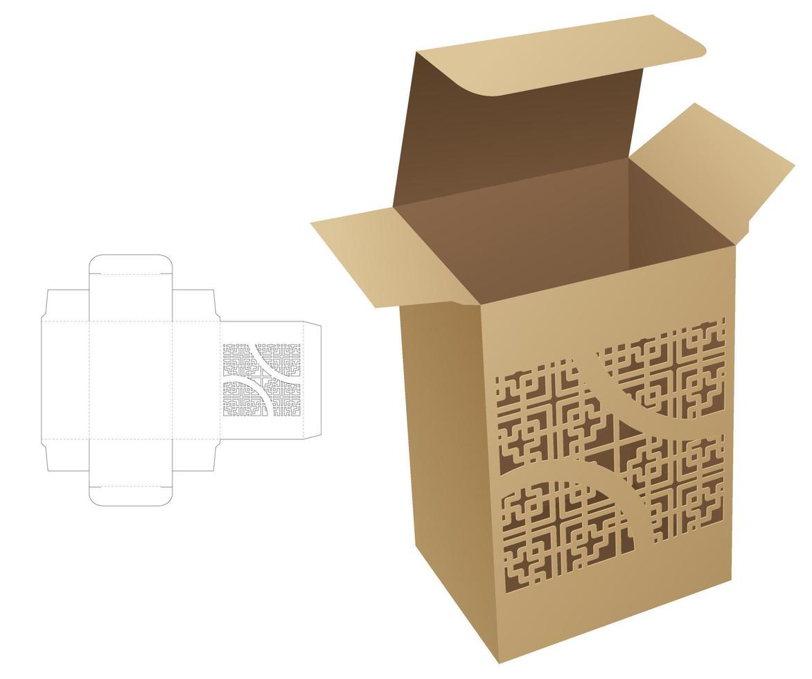 Cardboard packaging box with stenciled window die cut template and 3D mockup vector