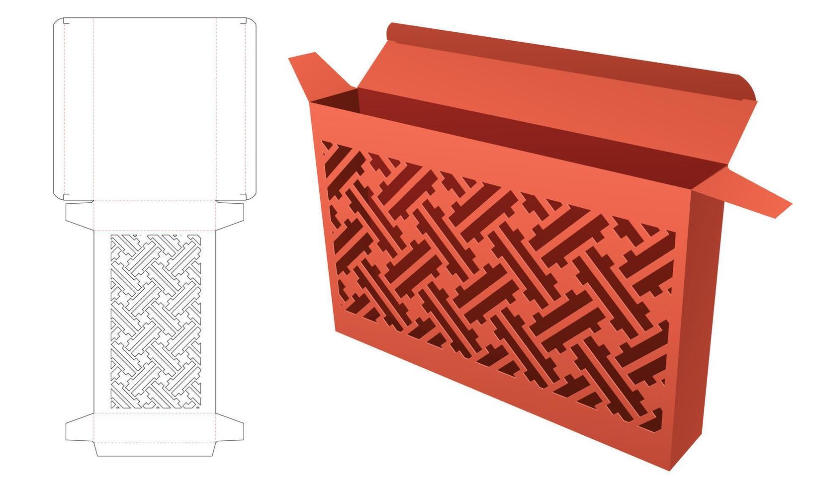 Cardboard tin box with Japanese pattern window die cut template and 3D mockup vector