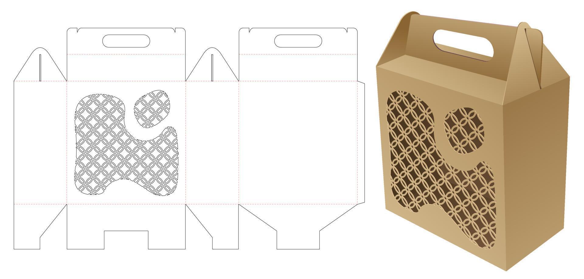 Stenciled pattern handle box die cut template and 3D mockup vector