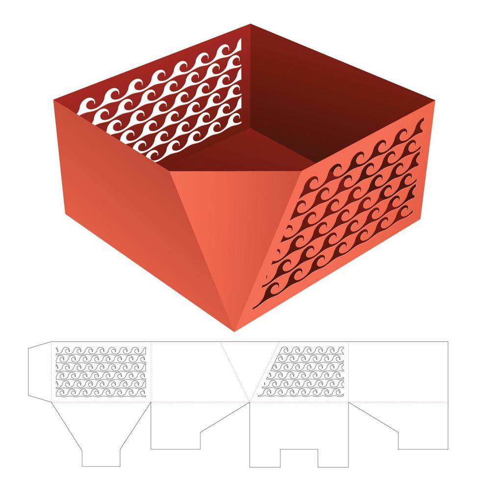 Contenedor de cartón con una bandeja biselada con plantilla troquelada de patrón japonés estampado y maqueta 3d vector