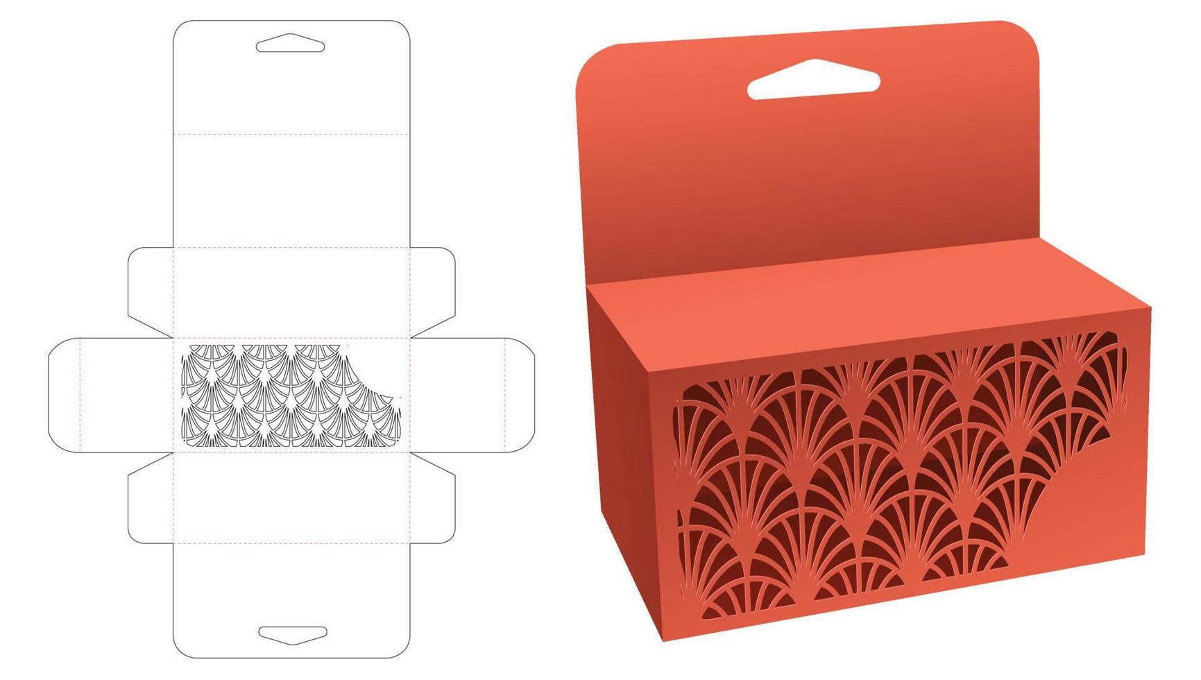 Hanging box with stenciled Japanese pattern window die cut template and 3D mockup vector