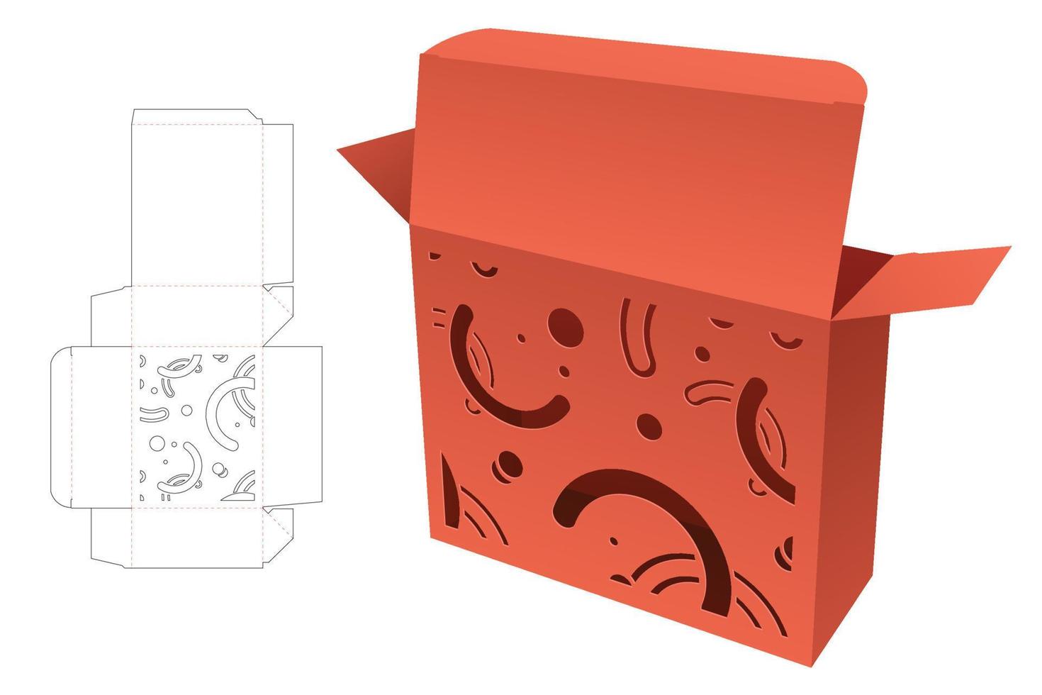 Box with stenciled Memphis pattern die cut template and 3D mockup vector