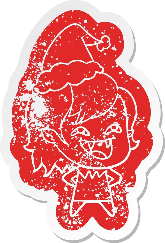 cartoon distressed sticker of a laughing vampire girl wearing santa hat vector