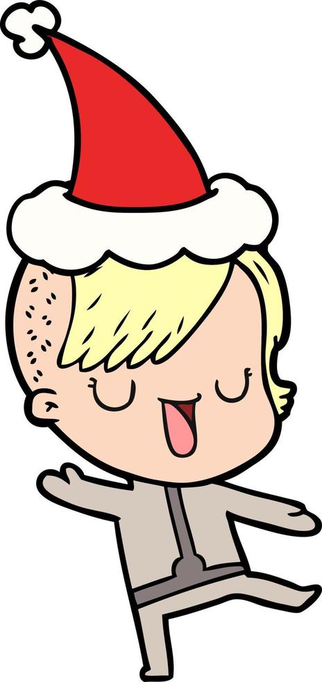 cute line drawing of a girl with hipster haircut wearing santa hat vector