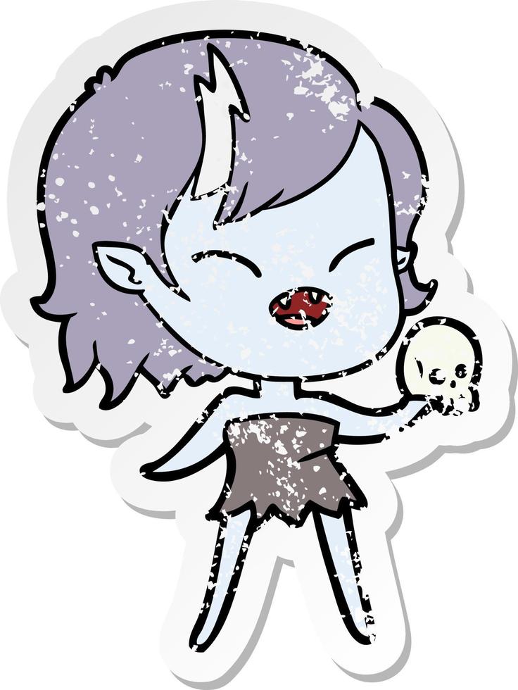 distressed sticker of a cartoon laughing vampire girl with skull vector