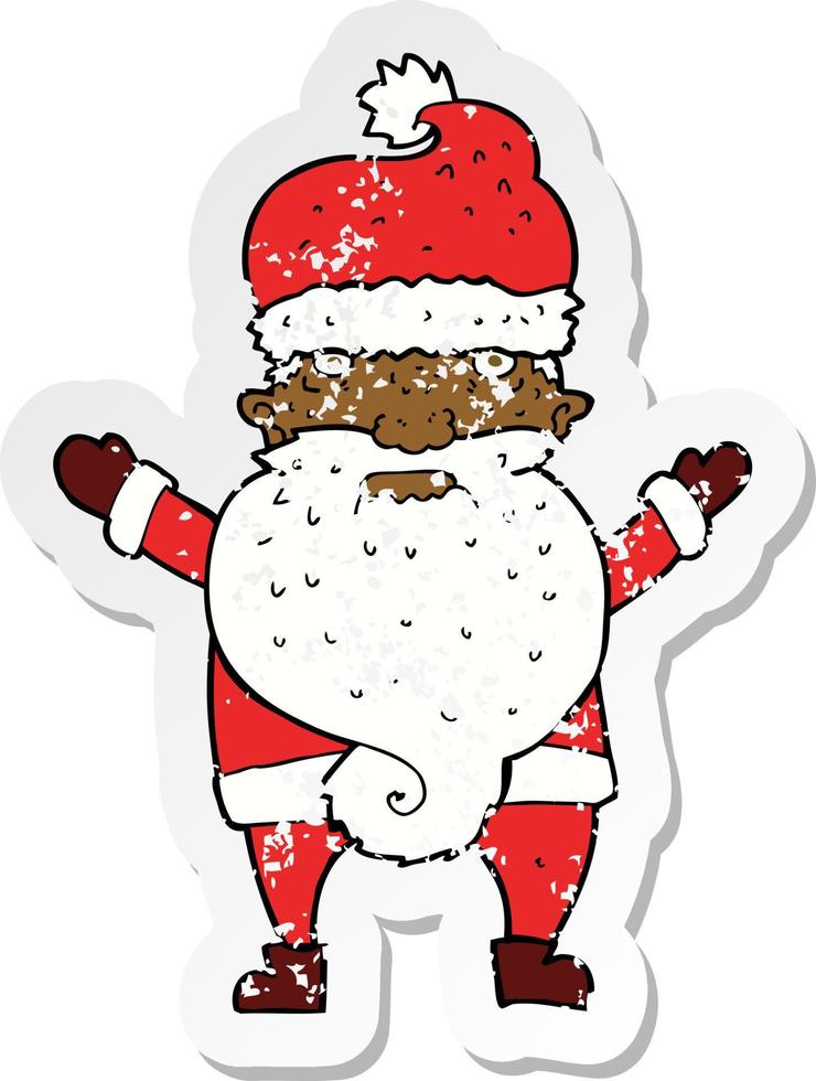 retro distressed sticker of a cartoon grumpy santa vector