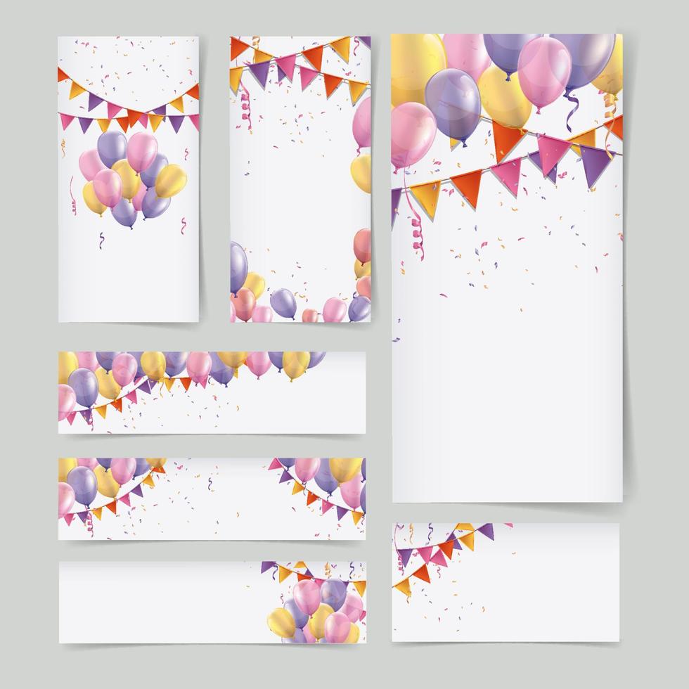 pancartas de cumpleaños de tarjetas de felicitación de diferentes tamaños con tipografía de feliz cumpleaños. confeti de colores y globos con diferentes elementos gráficos. estilo escandinavo. pancarta de vacaciones vector