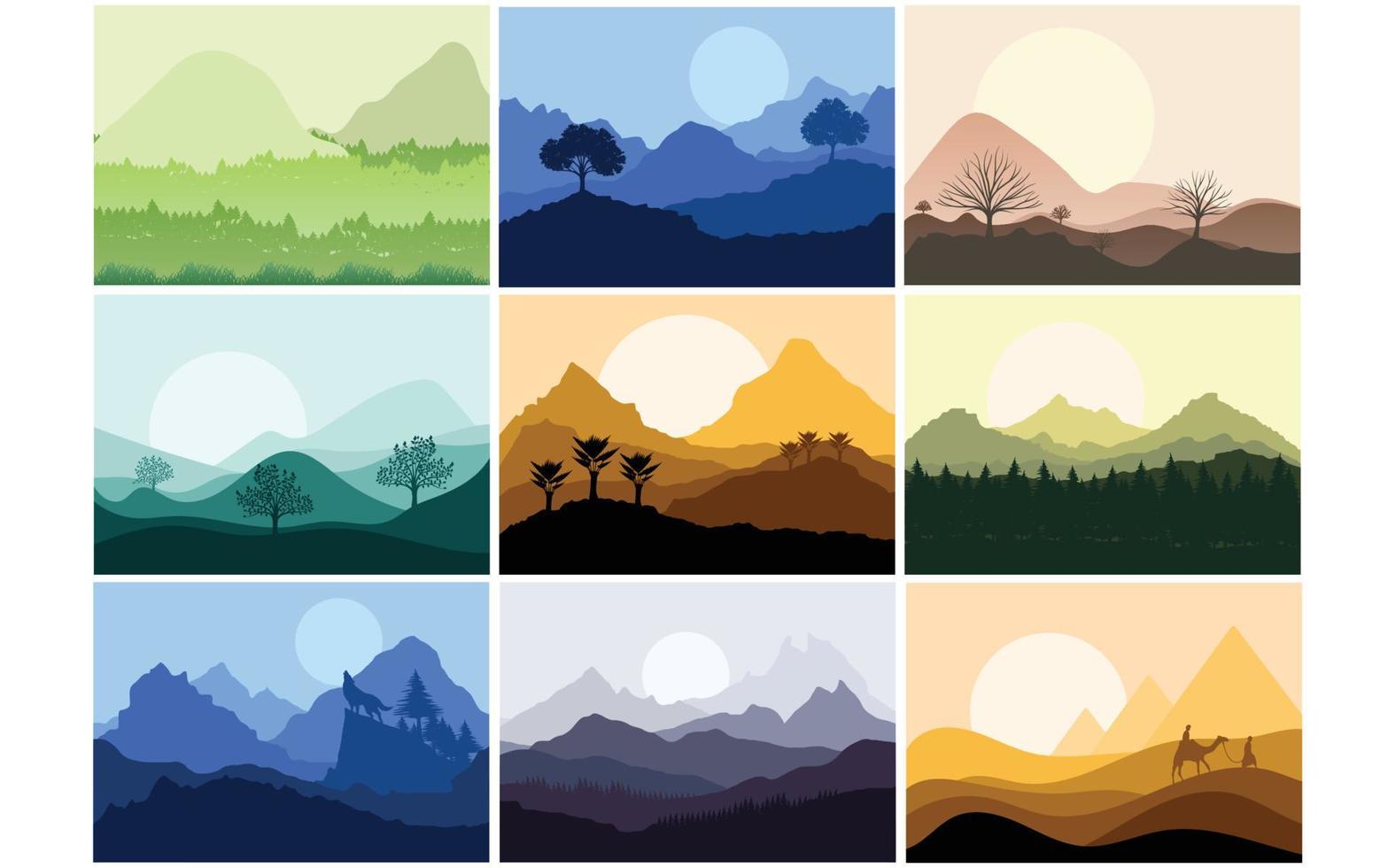 conjunto de ilustración de paisaje de montaña. colección de dibujos animados de verano de paisajes naturales montañosos con bosques verdes y lagos por la mañana, tarde, tarde y noche, panorama natural vector