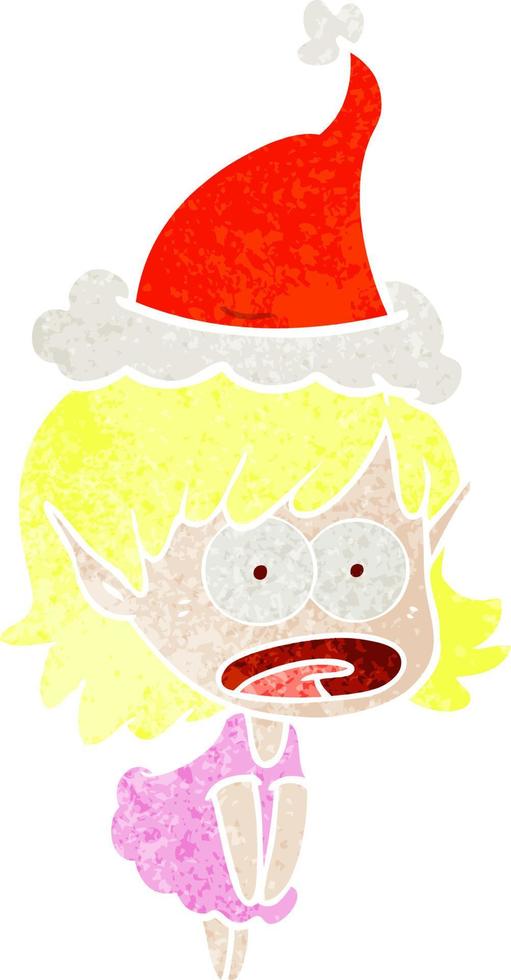 retro cartoon of a shocked elf girl wearing santa hat vector