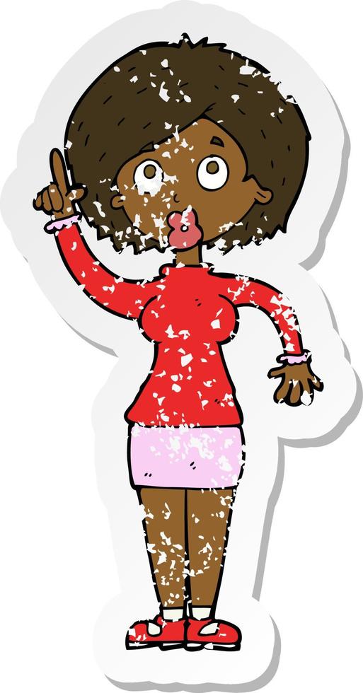 retro distressed sticker of a cartoon woman with idea vector