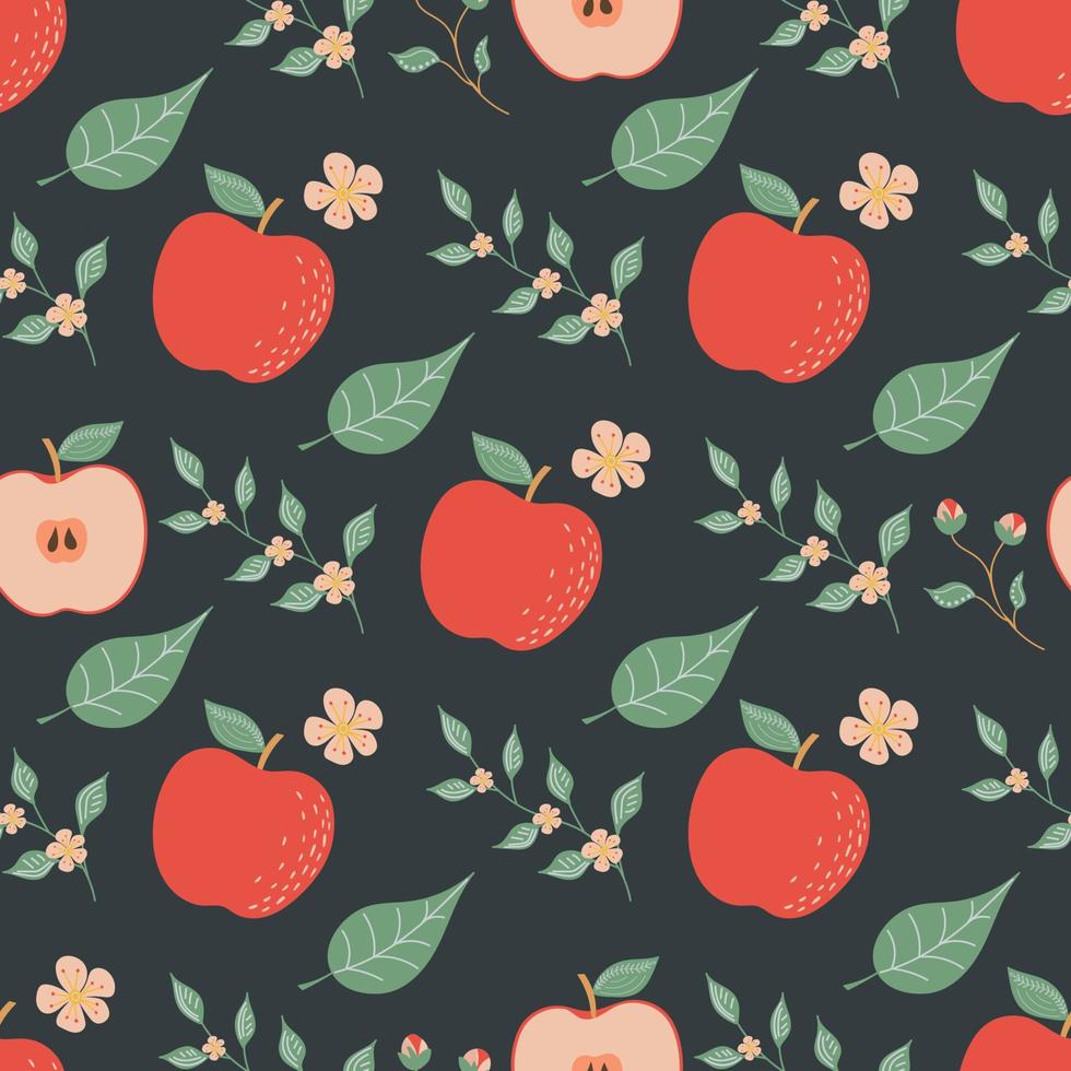 Seamless pattern with apple, floral elements, flowers and leaves. Fruit pattern. vector