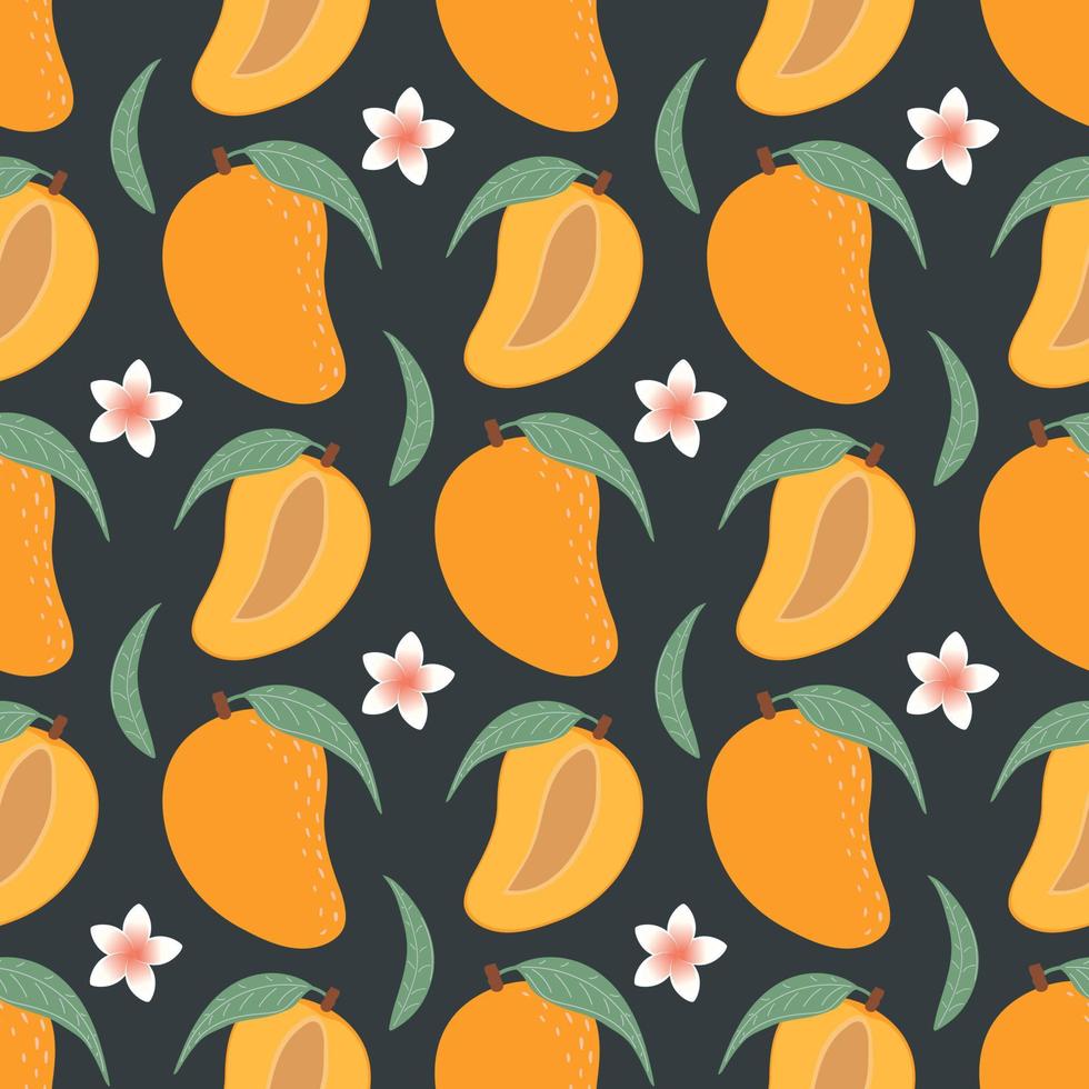 Seamless pattern with mango, flowers and leaves. Fruit pattern. vector