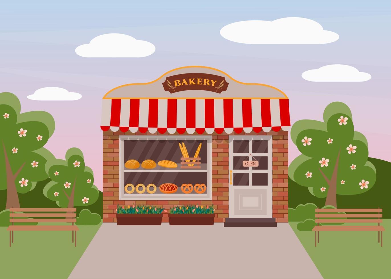 Pasteleria. fachada de panadería de estilo plano. escaparate con pan fresco, pan, baguette, pretzel y pastel. vector