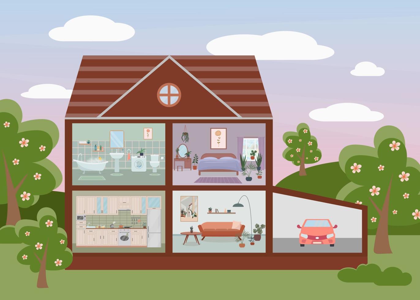 House cut. Detailed home interior with furniture. Kitchen, living room, bedroom. vector