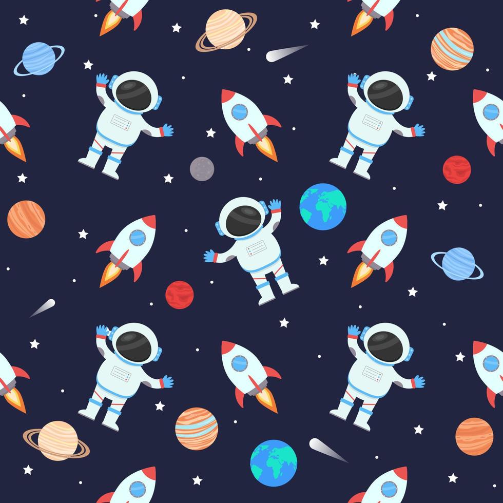 Space seamless pattern. An astronaut and a rocket against the background of the planets of the solar system. vector