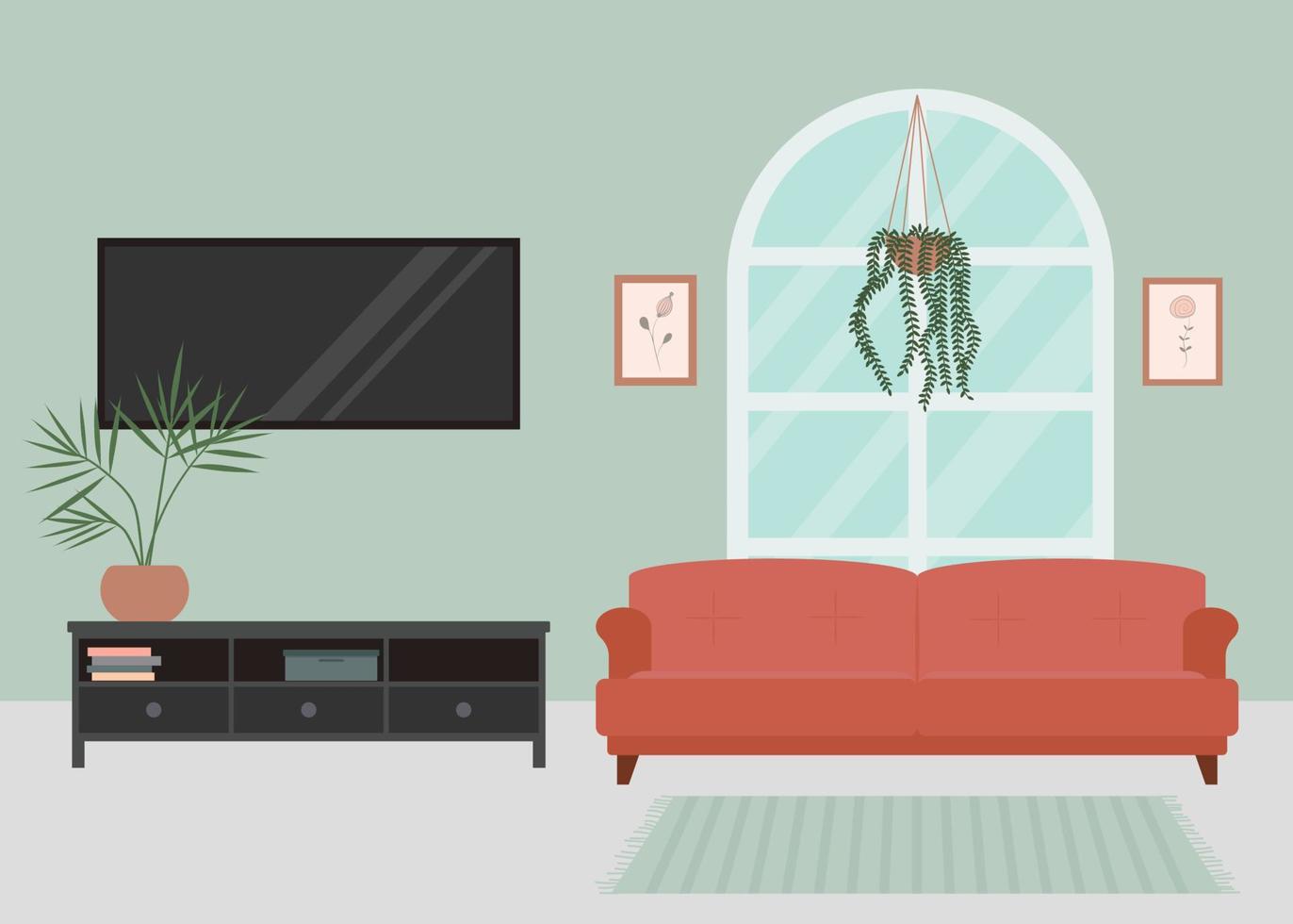 acogedor salón interior, con una gran ventana, sofá, tv y pintura de carteles. vector