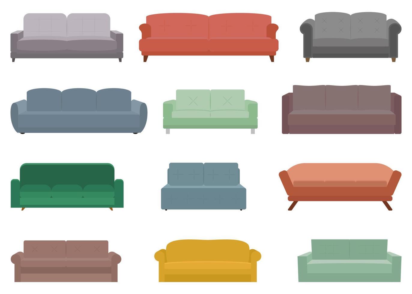 Sofa vector set, interior furniture elements, comfortable couch.