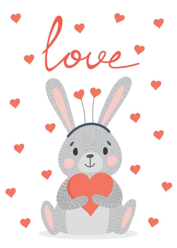 Word LOVE and cute cartoon rabbit hugs red heart. Valentines Day Greeting Card. vector