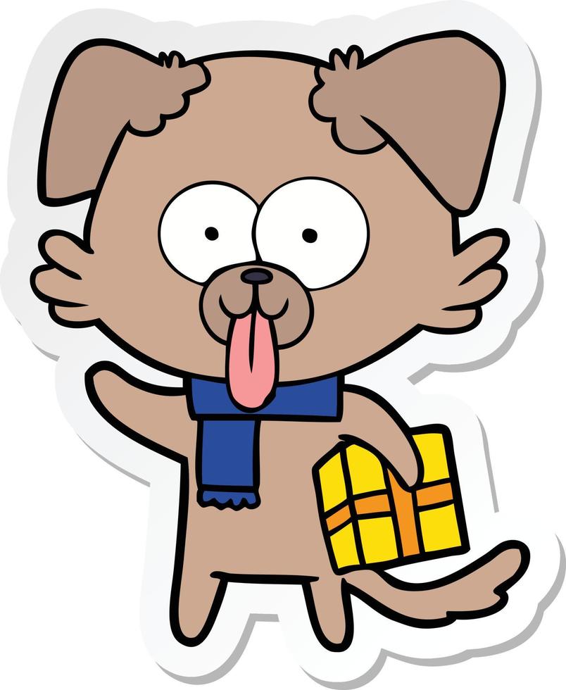 sticker of a cartoon dog with christmas present vector