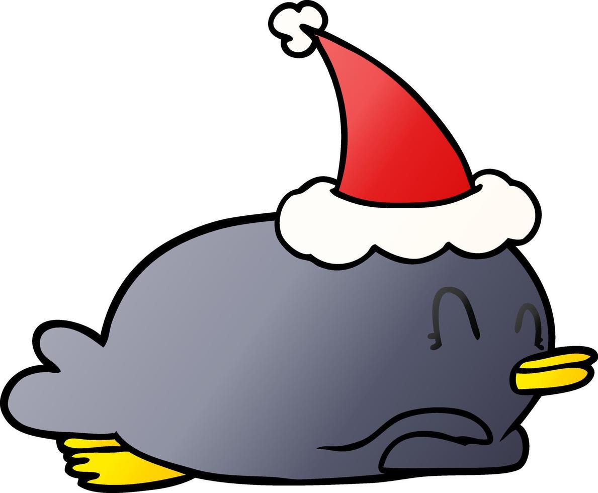 penguin lying on belly wearing santa hat vector