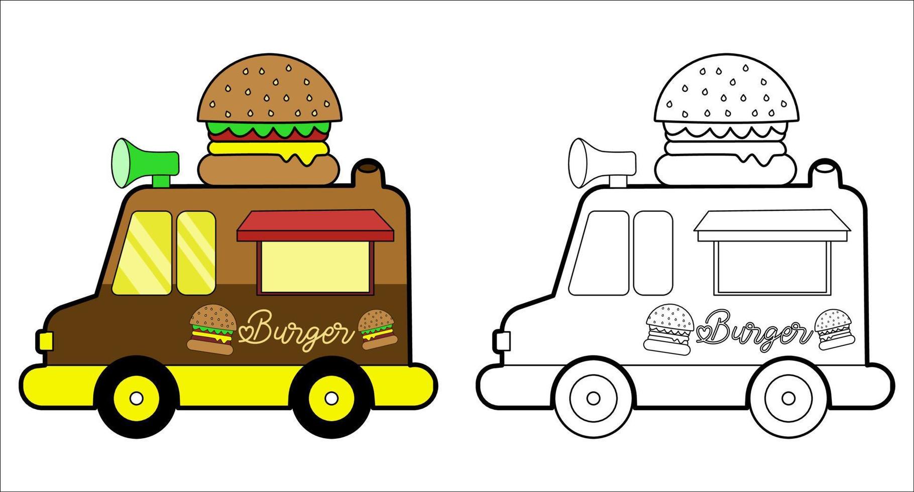 Coloring book. Cartoon fast-food car with a big hamburger for kids activity colouring pages. Vector illustration