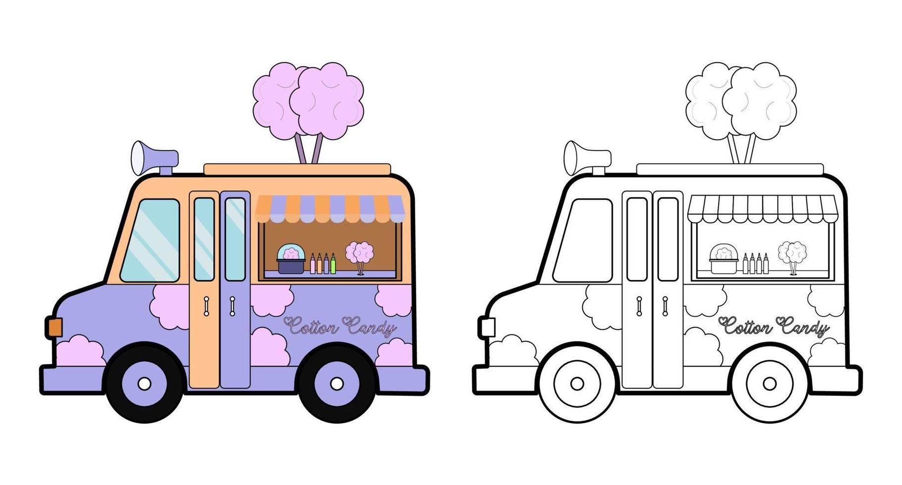 Coloring book. Cartoon funny truck moving on the road selling candy cotton, for kids activity colouring pages. Vector illustration.