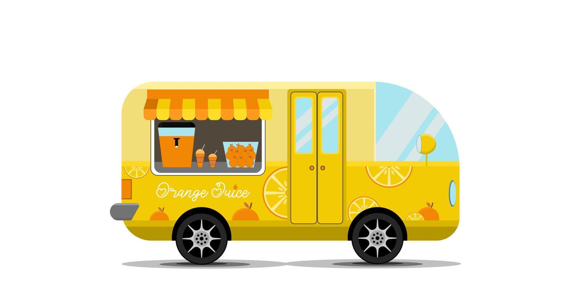 camión de comida amarillo con jugo de naranja. ilustración vectorial sobre un fondo blanco. vector