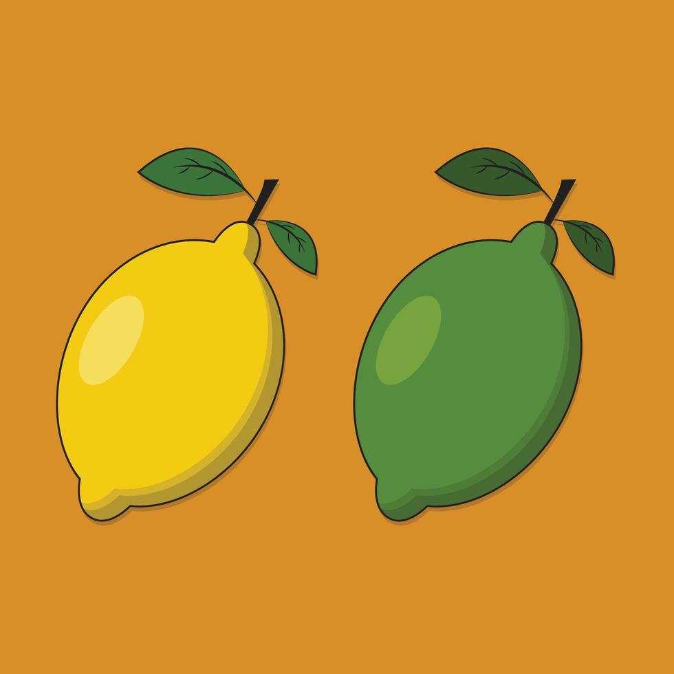 Fresh lemon and lime with green leaf. Citrus fruit flat icon. Lemonade. Vector Illustration