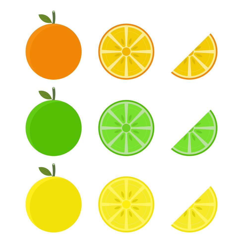 naranja, lima, limón. frutas cítricas que son ricas en vitamina c. agrio, ayudando a sentirse fresco. vector