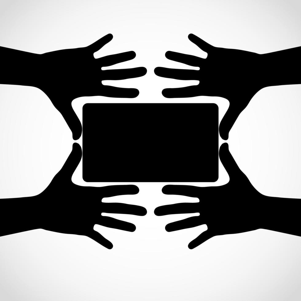 Hands with fingers spread out and card. Vector silhouettes. Element for your design.