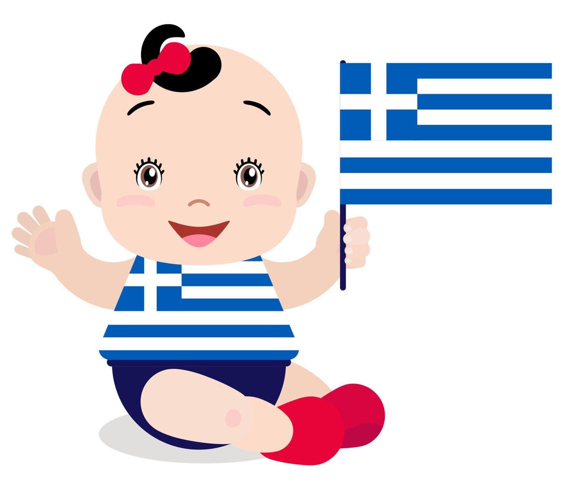 bebé sonriente niño pequeño, niña sosteniendo una bandera de grecia aislada sobre fondo blanco. mascota de dibujos animados vectoriales. ilustración de vacaciones al día del país, día de la independencia, día de la bandera. vector