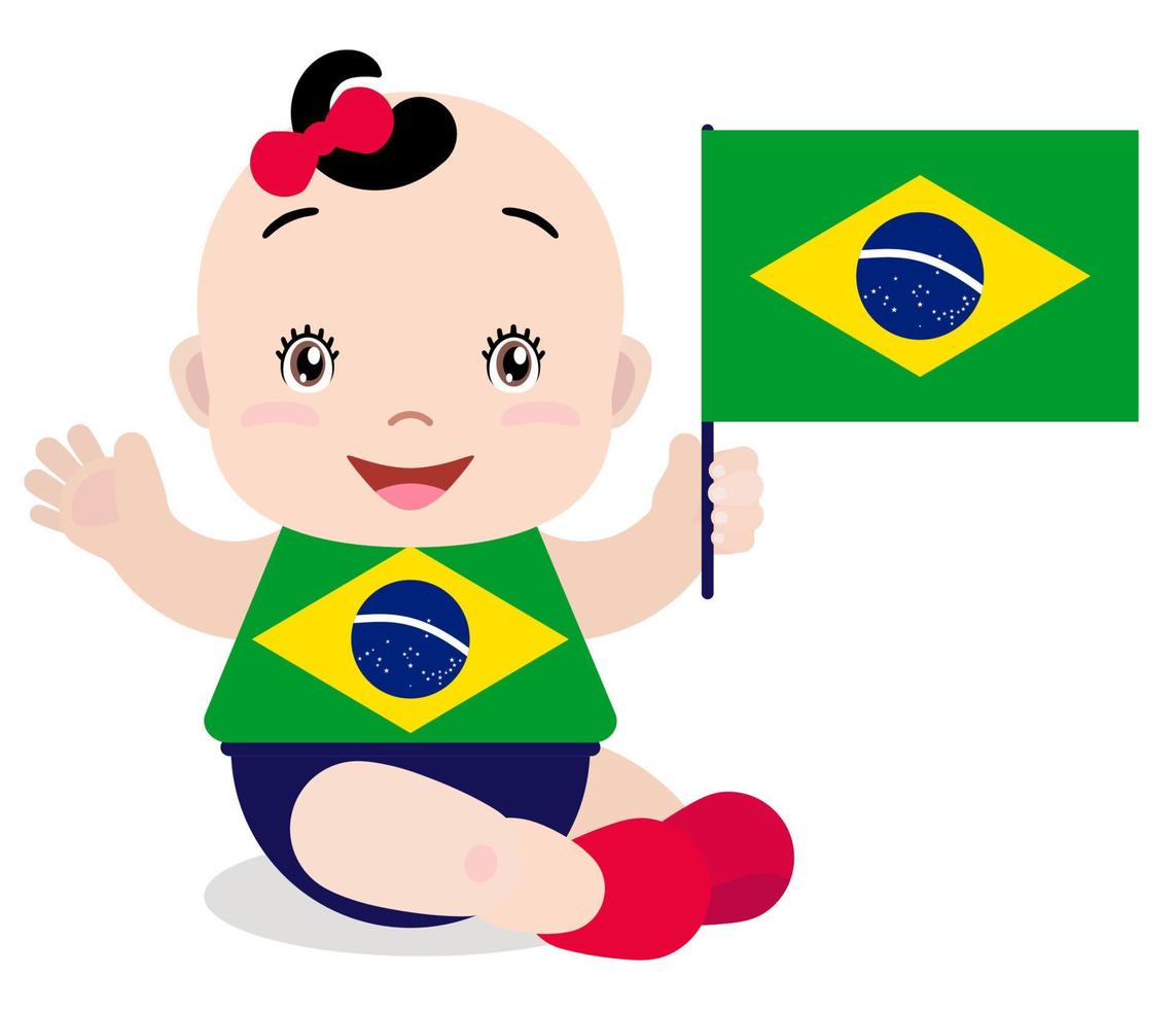 Smiling baby toddler, girl holding a Brazil flag isolated on white background. Vector cartoon mascot. Holiday illustration to the Day of the country, Independence Day, Flag Day.