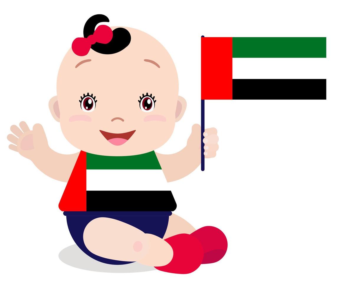 bebé sonriente niño pequeño, niña sosteniendo una bandera de los emiratos árabes unidos aislada sobre fondo blanco. mascota de dibujos animados vectoriales. ilustración de vacaciones al día del país, día de la independencia, día de la bandera. vector