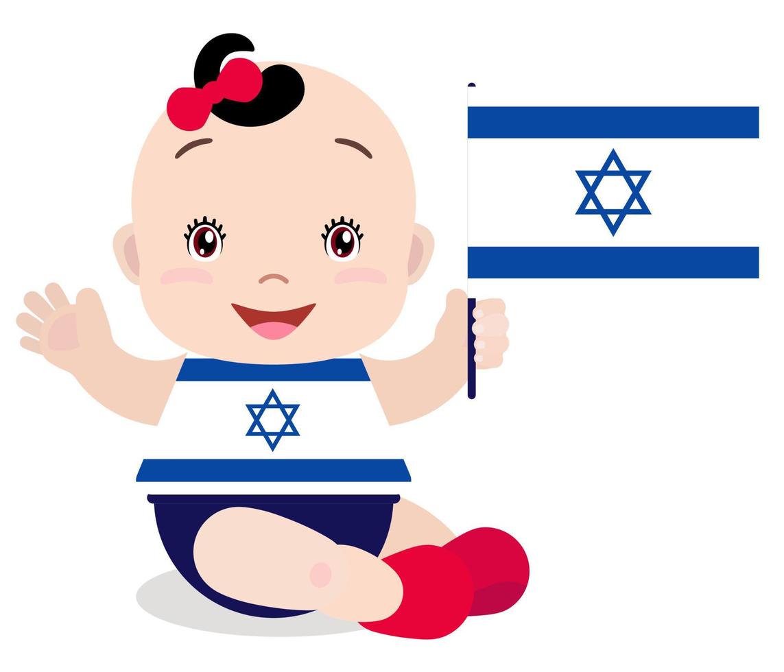 Smiling baby toddler, girl holding a Israeli flag isolated on white background. Vector cartoon mascot. Holiday illustration to the Day of the country, Independence Day, Flag Day.