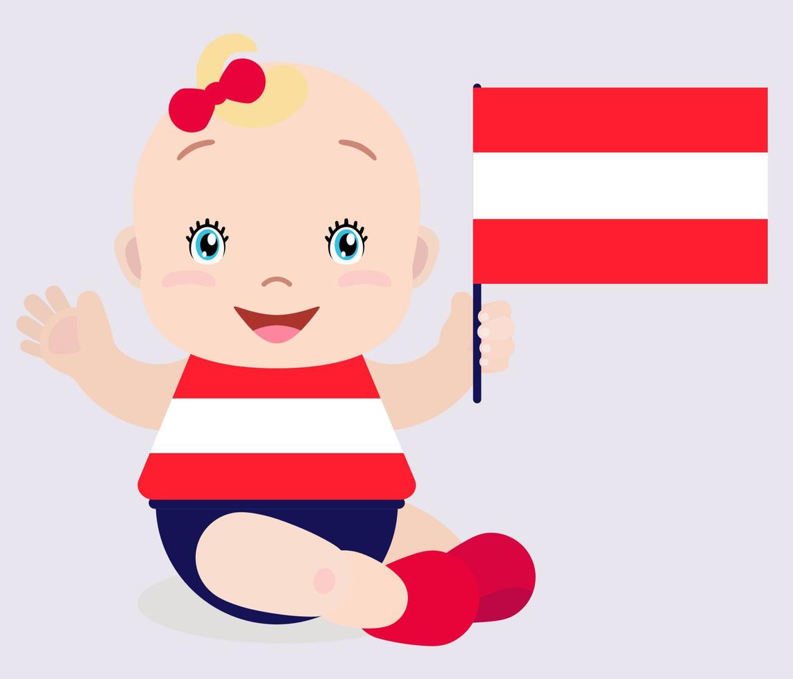 Smiling baby toddler, girl holding a Austria flag isolated on white background. Vector cartoon mascot. Holiday illustration to the Day of the country, Independence Day, Flag Day.