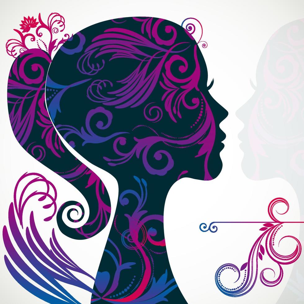 perfil de hermosa mujer joven decorada con motivos florales. vector