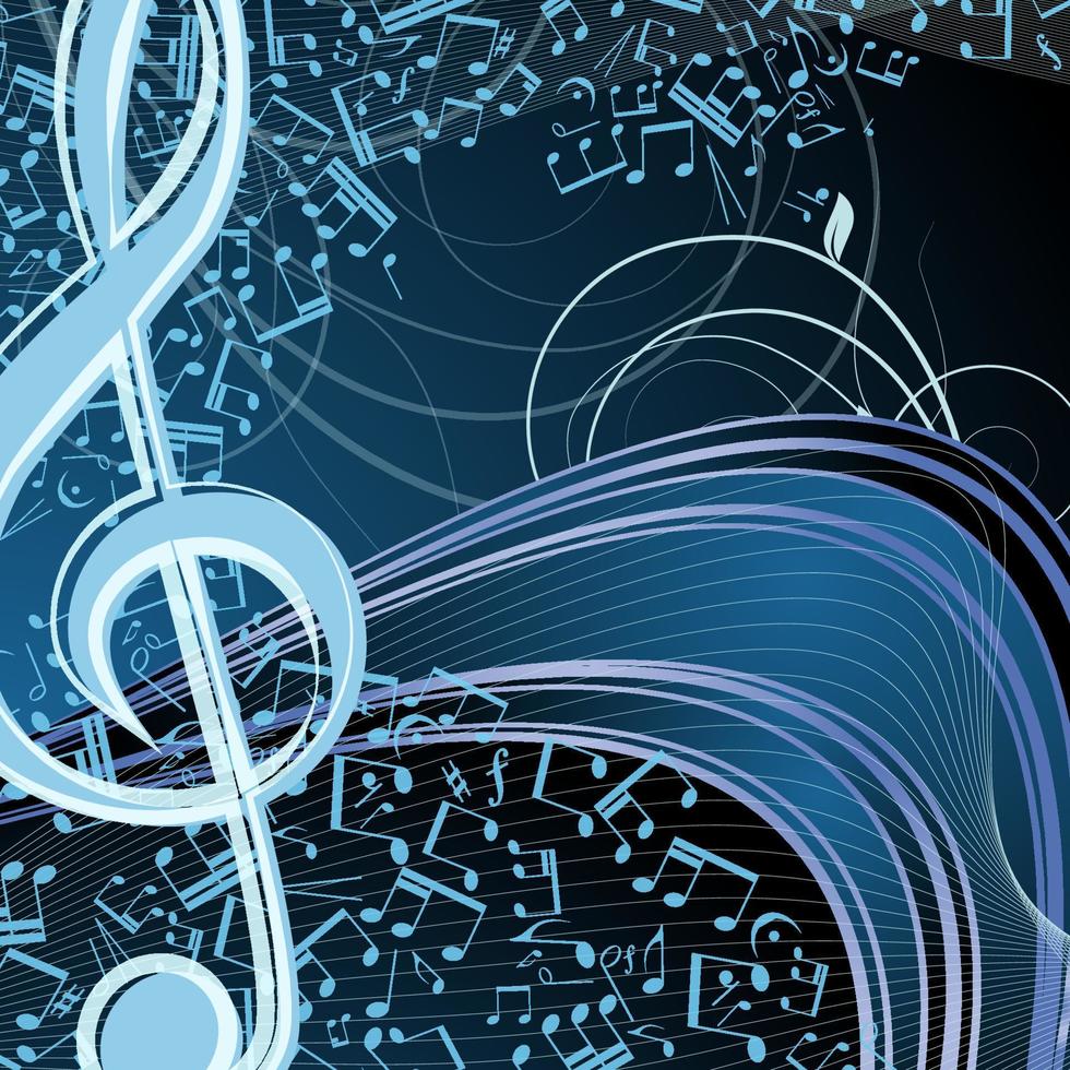 Vector music floral background melody, notes, key, swirly.