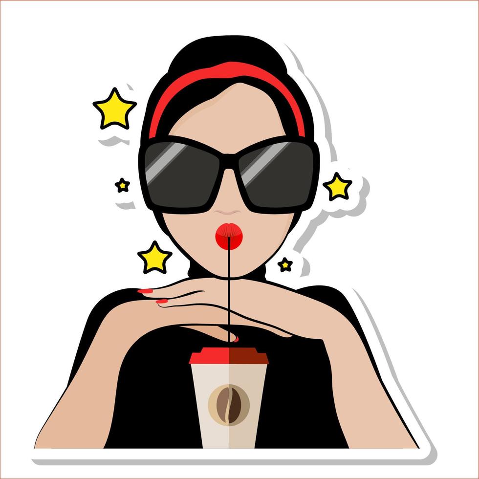 uhh, hermosa mujer morena de dibujos animados con gafas de sol sosteniendo un vaso de café, una chica fresca, elegante e independiente es escéptica. vector