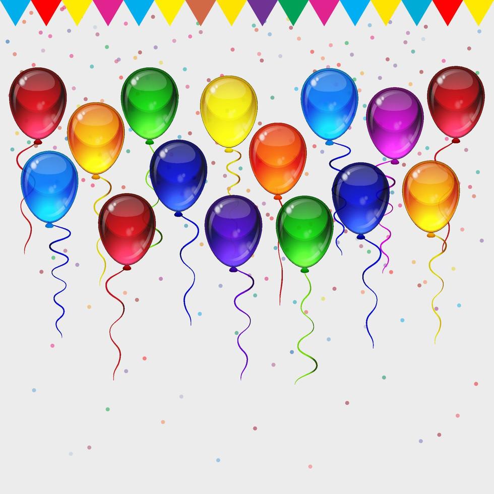 Birthday party vector background - colorful festive balloons, confetti, ribbons flying for celebrations card in isolated white background with space for you text.