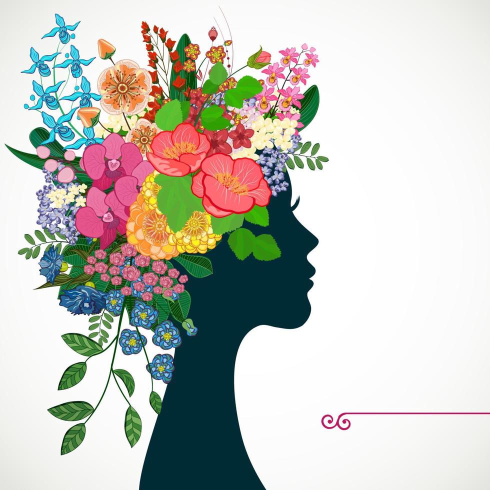 hermosa mujer joven de perfil con flores tropicales en el cabello heredero. ilustración vectorial tarjeta de felicitación belleza y moda. vector