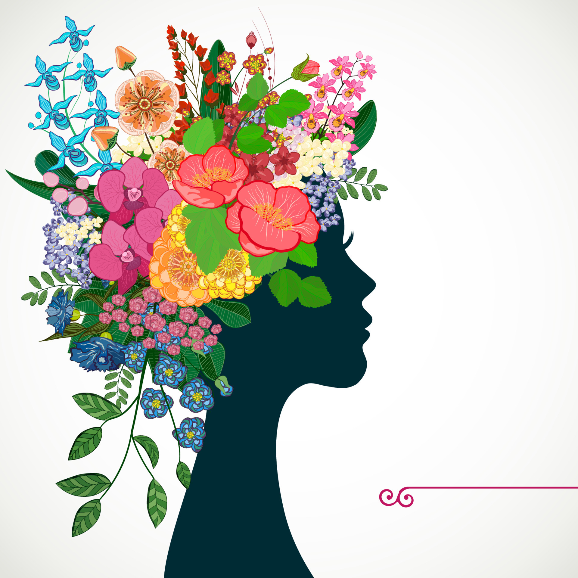 Beautiful profile young woman with tropicl flowers in heir hair. Vector