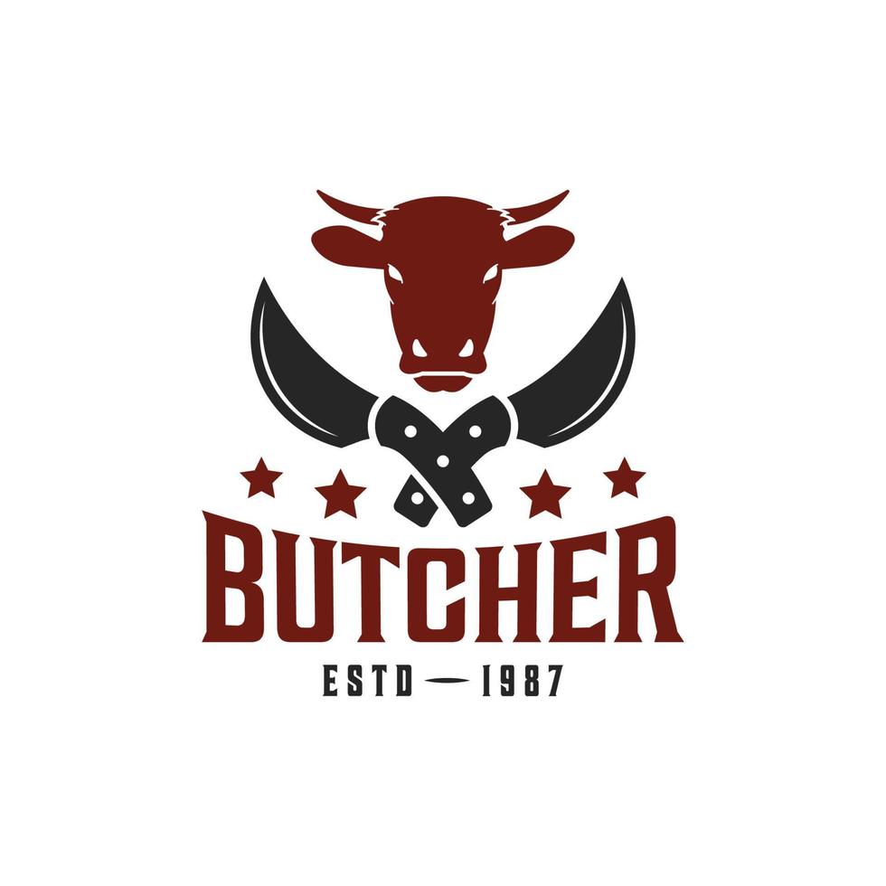 Butchery shop logo design template, cow face and meat cleaver knife logo design template, butchery logo design element vector