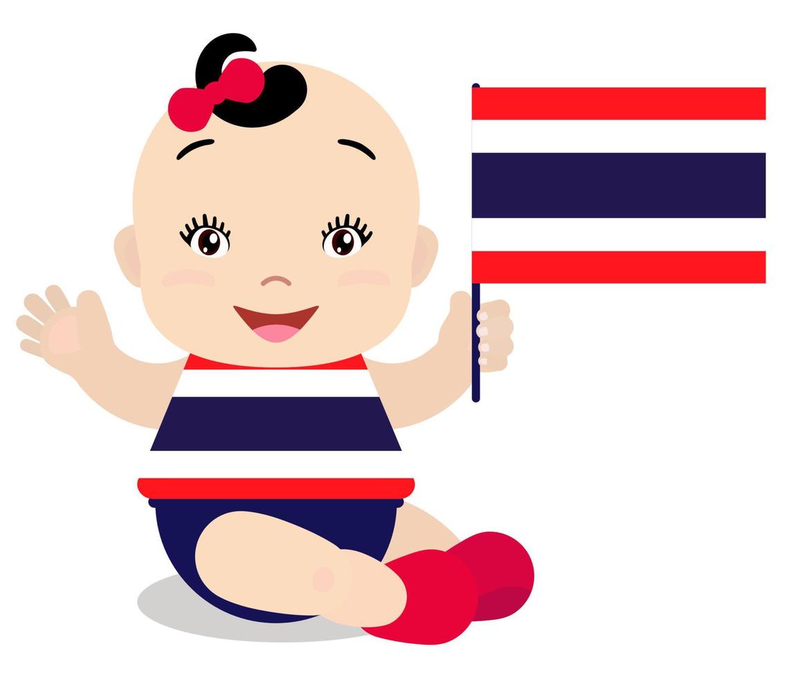 Smiling baby toddler, girl holding a Thailand flag isolated on white background. Vector cartoon mascot. Holiday illustration to the Day of the country, Independence Day, Flag Day.