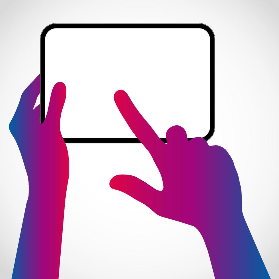 The hands hold the tablet pc and touch the screen with your finger. Vector silhouette illustration.