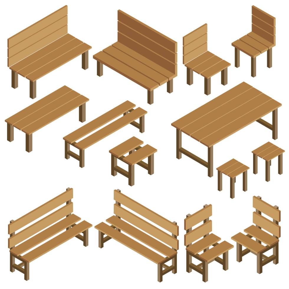 muebles de jardín vectoriales isométricos para parque, ciudad, residencia de verano. mesa de madera, silla, banco, taburete. diseño de paisaje de iconos vectoriales para juego, mapa, impresión, ets. aislado sobre fondo blanco. vector